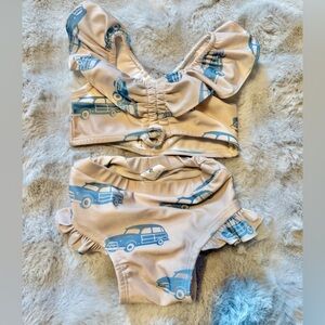 Kate Quinn Kids Swim Ruffle Bikini in Beige and Blue Retro Cars Vintage Summer